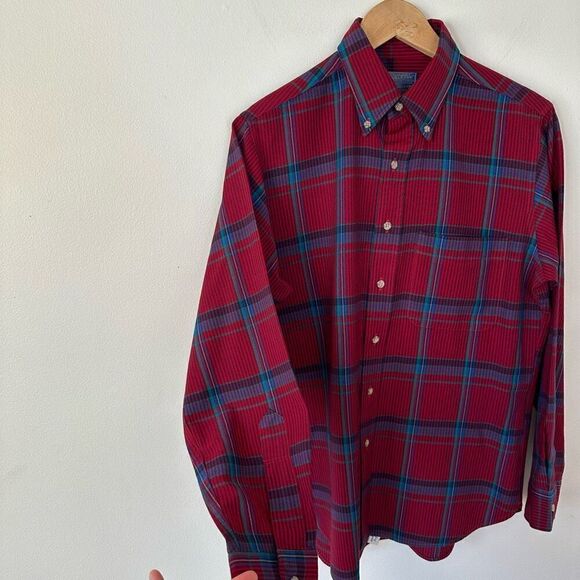 Pendleton Men’s Vintage Vertical Stripe Plaid Candy Apple Red Virgin Wool Button - Picture 4 of 8